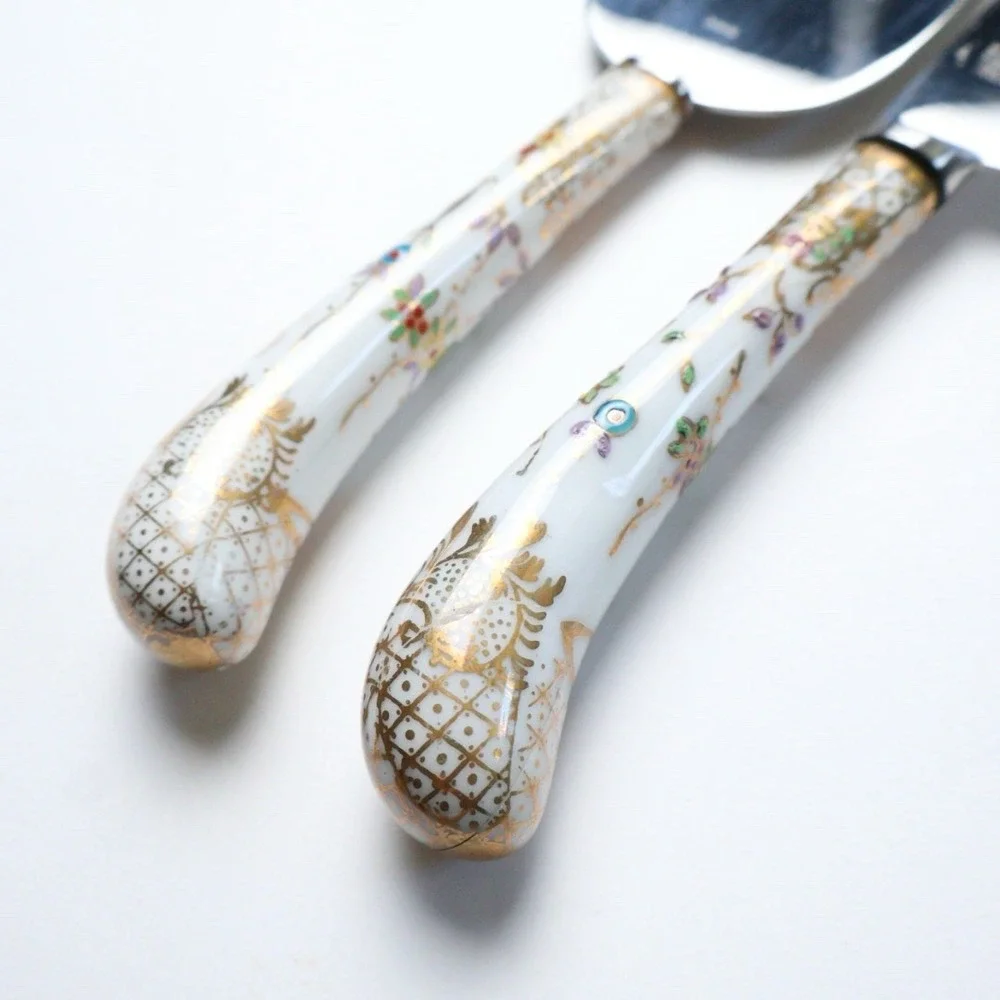 VTG Sheffield Cake Server Knife Set Hand Painted Floral Motif Porcelain Gold